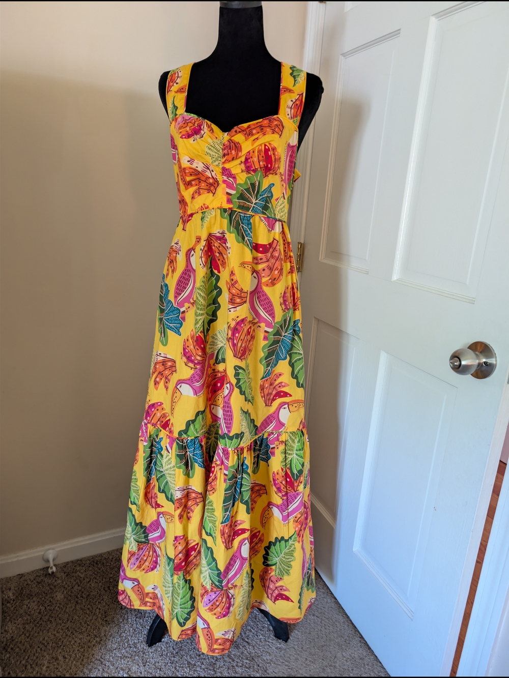 FARM RIO Yellow Tropical Toucan Banana Cotton Poplin Tiered Maxi Dress Small
